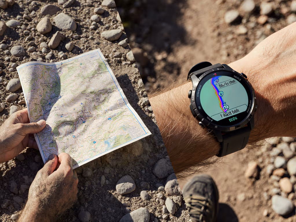 hiker_comparing_paper_map_to_gps_watch_on_rocky_trail